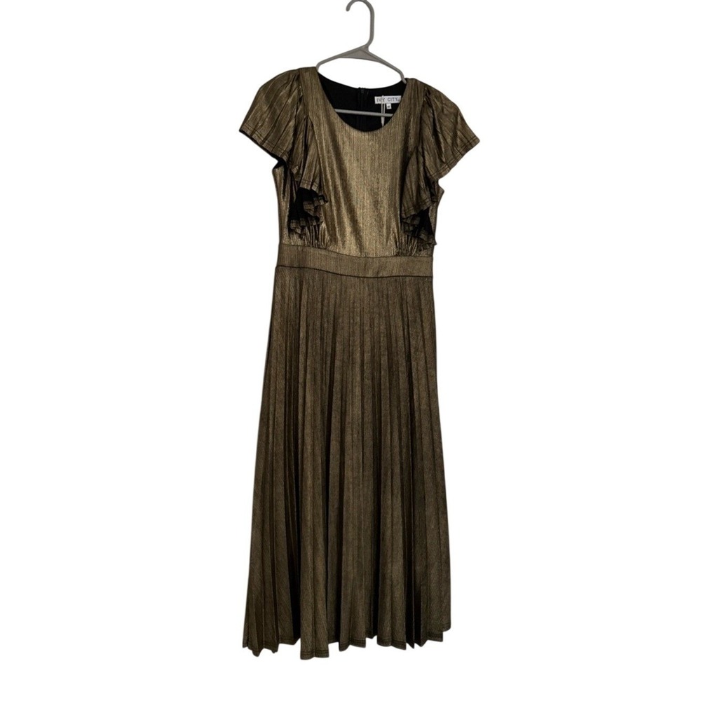 Ivy City Co Dance The Night Away Midi Dress Gold Metallic Pleated Women XS NWT - Picture 2 of 5